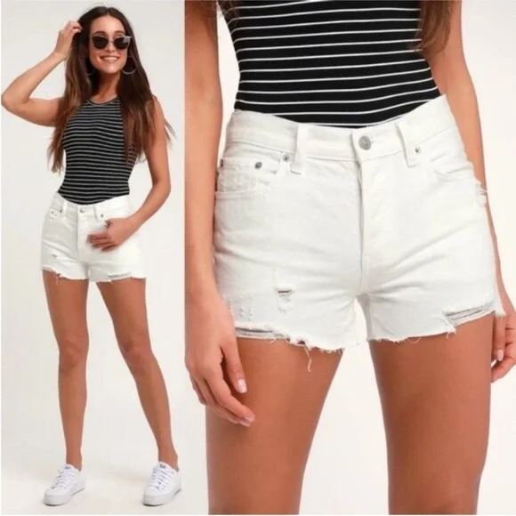 We the Free White Distressed Denim Shorts - Picture 1 of 7